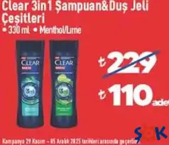 CLEAR 3İN1 ŞAMPUAN&DUŞ JELİ ÇEŞİTLERİ 330 ML fiyat ve kampanya bilgisi